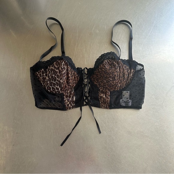 Dolce & Gabbana 90s Black Animal print Mesh Lace-up Bustier Corset 38D Medium L - Picture 14 of 16